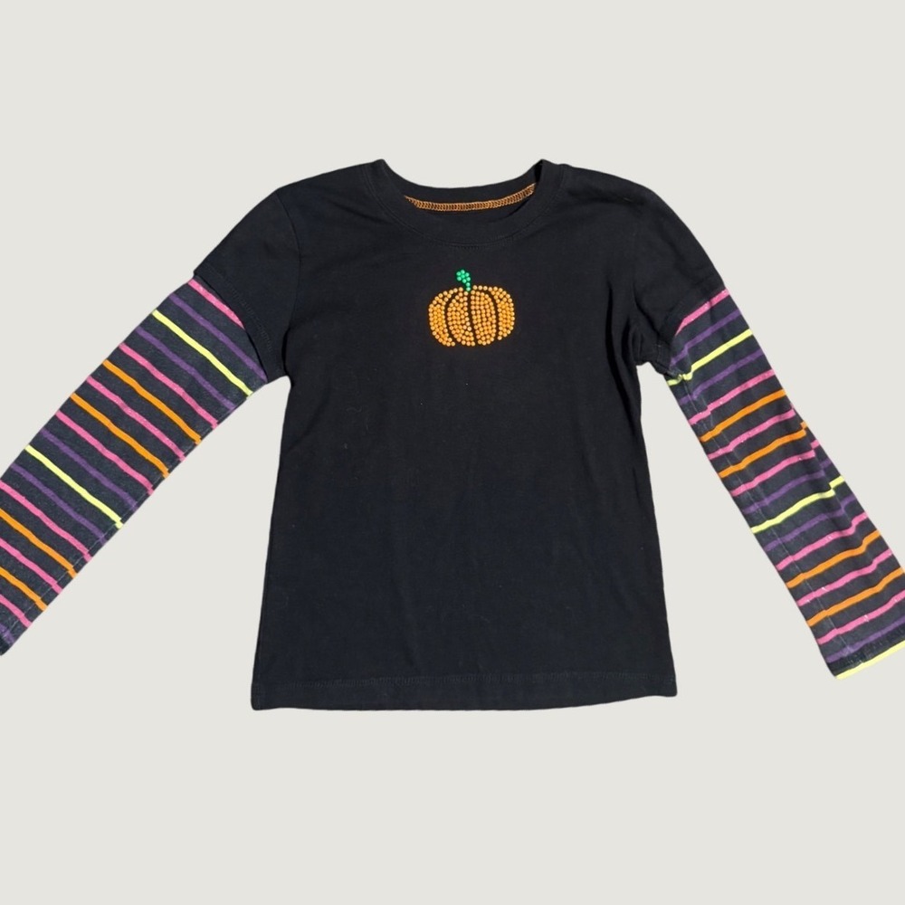 Kids Faded Glory Pumpkin Beaded Graphic Tee Layered Stripe Sleeve Black S 6-6X